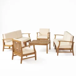Perla 9pc Acacia Wood Patio Conversation Set - Teak/Cream - Christopher Knight Home