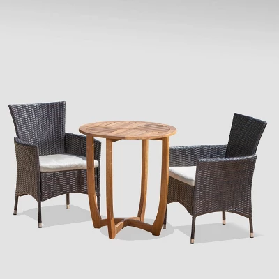 Ellie 3pc Acacia Wood Wicker Bistro Set - Brown/Beige - Christopher Knight Home