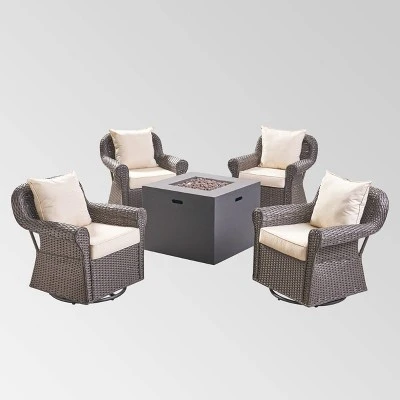 Julian 5pc Faux Wicker Swivel Club Chair & Square Fire Pit Set - Dark Brown/Dark Gray - Christopher Knight Home