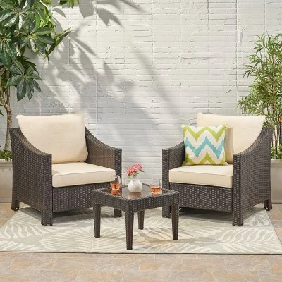 Antibes 3pc Wicker Chat Set with Cushions - Christopher Knight Home