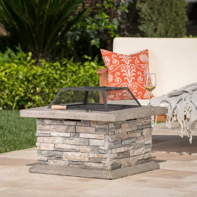 Crestline 29" Concrete Wood Burning Fire Pit - Square - Natural Stone - Christopher Knight Home