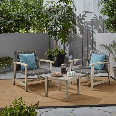 3pc Hampton Wood and Wicker Patio Set - Christopher Knight Home