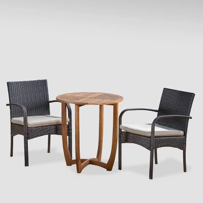 Lindy 3pc Acacia Wood and Wicker Bistro Set - Teak/Cream - Christopher Knight Home