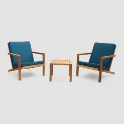 Leah 3pc Acacia Wood Chat Set - Brown/Dark Teal - Christopher Knight Home