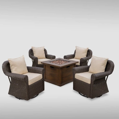Venti 5pc Wicker Swivel Club Chairs and Fire Pit - Dark Brown/Beige - Christopher Knight Home