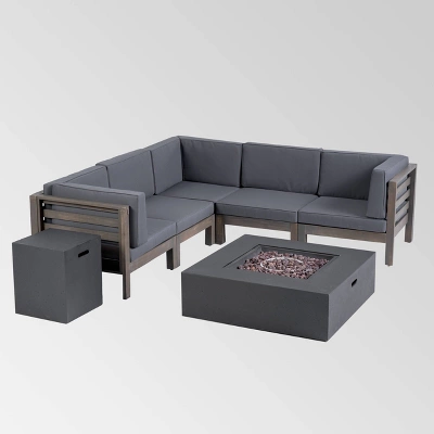 Oana 7pc Acacia V-Shaped Sectional Sofa with Fire Pit Set - Gray/Dark Gray - Christopher Knight Home