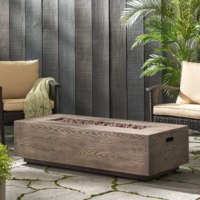 Aidan Outdoor 50000 BTU Iron Rectangular Fire Pit Wood Pattern Brown - Christopher Knight Home