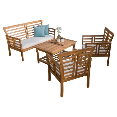 Caydon 4pc Acacia Wood Patio Chat Set with Cushions - Brown Patina - Christopher Knight Home
