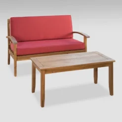 Peyton 2pc Acacia Wood Loveseat And Coffee Table Set - Teak/Red - Christopher Knight Home