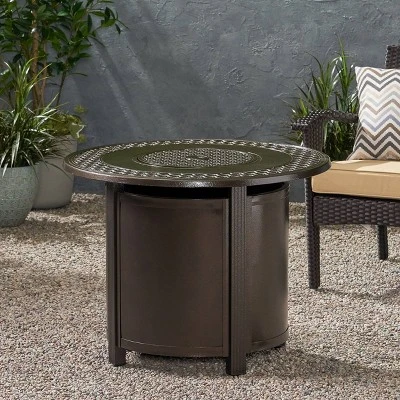 Ontario Outdoor Round Aluminum Fire Pit Hammered Bronze - Christopher Knight Home