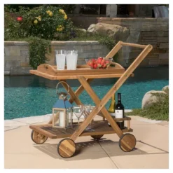 Riviera Acacia Wood Patio Bar Cart With Tray - Natural - Christopher Knight Home