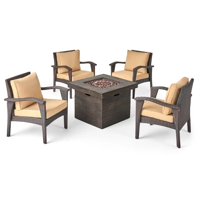 Keana 5pc Faux Rattan Club Chair & Fire Pit Chat Set - Christopher Knight Home