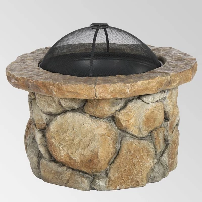 Clarendon 5pc Acacia Wood Club Chairs and Fire Pit Set - Teak/White/Natural Stone - Christopher Knight Home