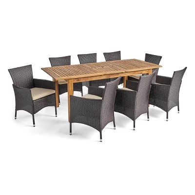 Nadia 9pc Wood & Wicker Expandable Dining Set - Natural/Brown/Beige - Christopher Knight Home