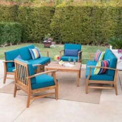 Perla 9pc Acacia Wood Patio Conversation Set - Teak/Blue - Christopher Knight Home