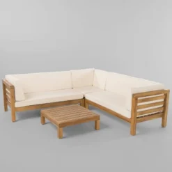 Oana 4pc Acacia Wood Patio Sectional Chat Set W/ Cushions - Christopher Knight Home