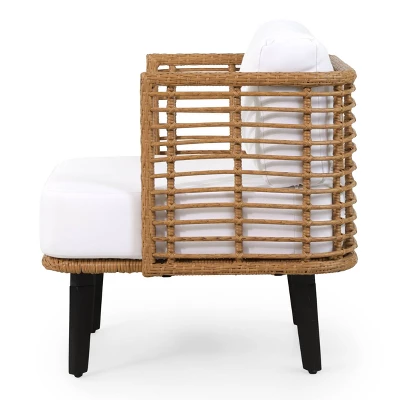 Nic Outdoor Wicker Club Chair with Cushion - Light Brown/White - Christopher Knight Home