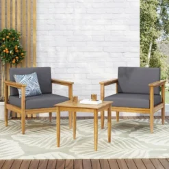 3pc Magnolia Patio Acacia Wood 2 Seater Chat Set - Teak/Dark Gray - Christopher Knight Home