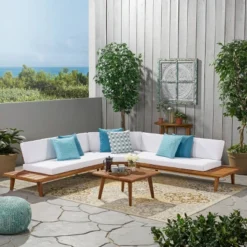 Hillcrest 4pc Acacia V-Shaped Outdoor Patio Sectional Sofa Set - Natural/White - Christopher Knight Home