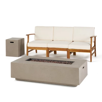 Perla 5pc Acacia Wood Sofa with Rectangular Fire Table - Teak/Cream/Light Gray - Christopher Knight Home