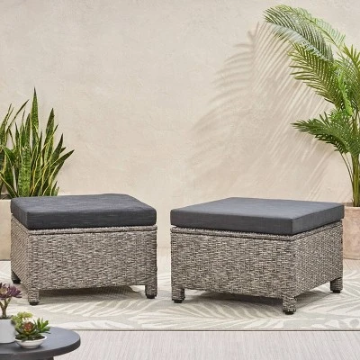 Puerta 2pk Outdoor Wicker Ottomans with Cushions - Black/Dark Gray - Christopher Knight Home
