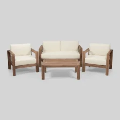 Genser 4pc Acacia Wood Chat Set - Brown/Beige - Christopher Knight Home