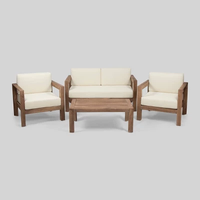 Genser 4pc Acacia Wood Chat Set - Brown/Beige - Christopher Knight Home