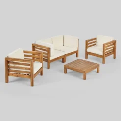 Oana 5pc Acacia Wood Loveseat Chat Set Teak/Beige - Christopher Knight Home