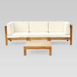 Brava 4pc Acacia Modular Sofa And Table Set - Teak/Beige - Christopher Knight Home