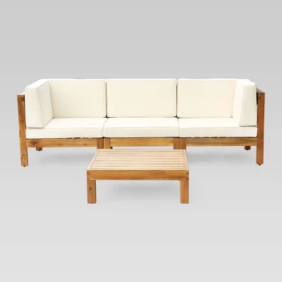 Brava 4pc Acacia Modular Sofa and Table Set - Teak/Beige - Christopher Knight Home
