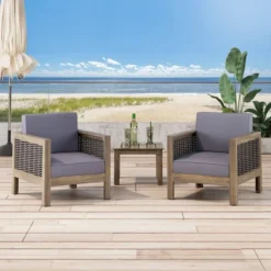 Linwood 2pk Outdoor Acacia Wood Club Chairs With Wicker Accents - Gray/Dark Gray - Christopher Knight Home