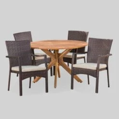 Stamford 5pc Acacia Wood & Wicker Patio Dining Set - Brown - Christopher Knight Home