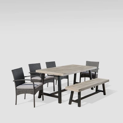 Luster 6pc Acacia Wood and Wicker Dining Set - Light Gray/Gray - Christopher Knight Home