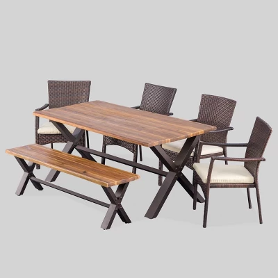 Brandywine 6pc Acacia Wood/Wicker Patio Dining Set - Brown/Cream - Christopher Knight Home