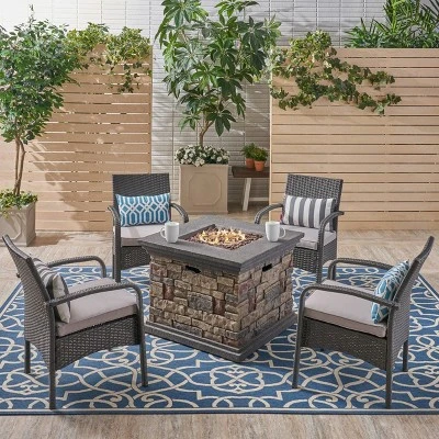 Christopher Knight Home 5pc Cordoba Wrought Iron Outdoor Patio Fire Pit Furniture Set with Club Chairs