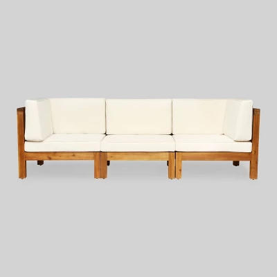 Oana 3pc Acacia Wood Patio Modular Sofa - Teak/Beige - Christopher Knight Home