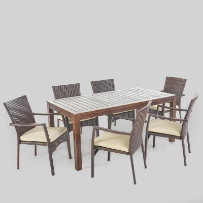 Geelong 7pc Acacia Wood & Wicker Patio Dining Set - Brown - Christopher Knight Home