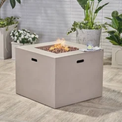 Aidan Square 31" Lightweight Concrete Gas Fire Pit - Light Gray - Christopher Knight Home