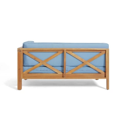 2pc Brava Outdoor Acacia Wood Right Arm Loveseat & Coffee Table with Cushion Teak/Blue - Christopher Knight Home