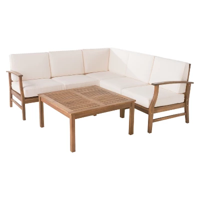 Perla 6pc Acacia Wood Patio Chat Set w/ Water Resistant Cushions - Cream - Christopher Knight Home