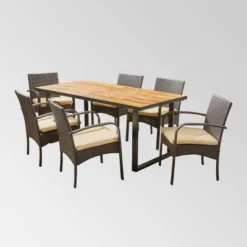 Heron 7pc Rectangular Acacia Wood &Wicker Dining Set - Teak/Brown - Christopher Knight Home
