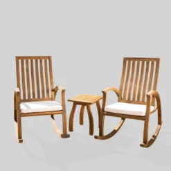 Cayo 3pc Acacia Wood Outdoor Patio Rocking Chair Chat Set - Natural/Cream - Christopher Knight Home