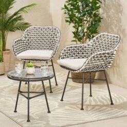 Beulah 3pc Patio Wicker Chat Set - White/Beige/Black - Christopher Knight Home