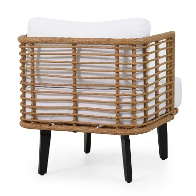 Nic Outdoor Wicker Club Chair with Cushion - Light Brown/White - Christopher Knight Home