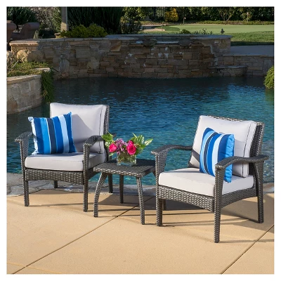 Honolulu 3pc Wicker Patio Chat Set with Cushions - Gray - Christopher Knight Home