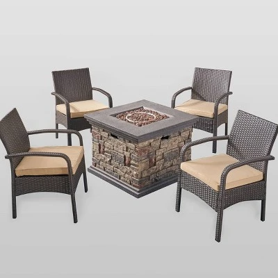 Christopher Knight Home 5pc Cordoba Wrought Iron Outdoor Patio Fire Pit Furniture Set with Club Chairs