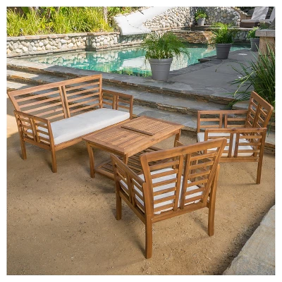 Caydon 4pc Acacia Wood Patio Chat Set with Cushions - Brown Patina - Christopher Knight Home
