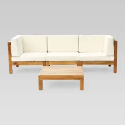 Oana 4pc Acacia Modular Sofa And Table Set - Teak/Beige - Christopher Knight Home