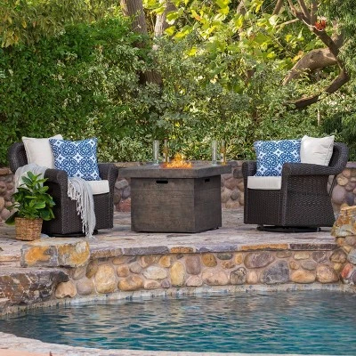 Avondale 3pc All-Weather Wicker Patio Chair Set w/ Fire Pit - Dark Brown - Christopher Knight Home
