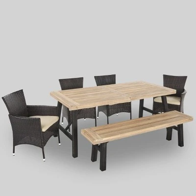 Jacks 6pc Acacia Wood & Wicker Patio Dining Set - Brown - Christopher Knight Home